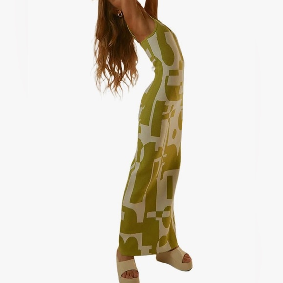 Green Graphic Bodycon Maxi Knit Dress Medium - Picture 2 of 4